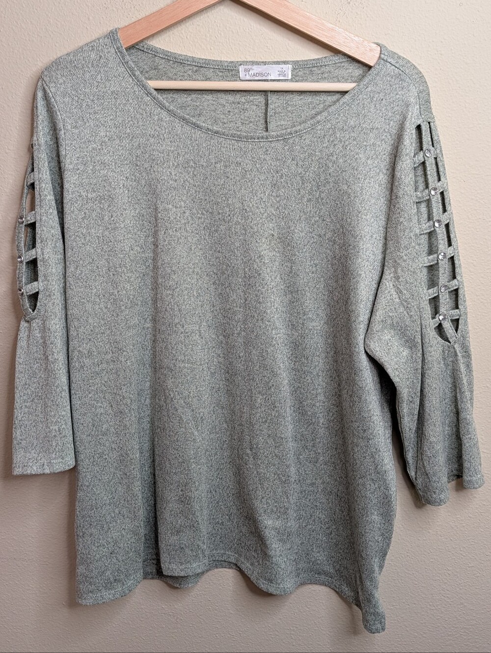 89th + Madison Rhinestone Cutout Sleeve Top Size 1X Plus Sage Green